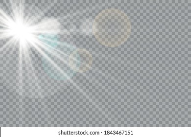 Glow isolated white transparent light effect set, lens flare, explosion, glitter, line, sun flash, spark and stars.