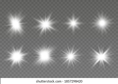 Glow isolated white transparent light effect set. Bright Star. Vector sparkles.  light effect set, lens flare, explosion, glitter, line, sun flash, spark and stars.
