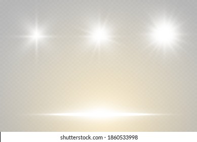 Glow isolated white transparent light effect set, lens flare, explosion, glitter, line, sun flash, spark and stars.
