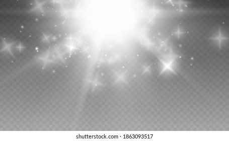 Glow isolated white transparent light effect set, lens flare, explosion, glitter, line, sun flash, spark and stars. Abstract special effect element design.