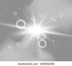 Glow isolated white transparent light effect set, lens flare, explosion, glitter, line, sun flash, spark and stars. Abstract special effect element design. Shine ray with lightning