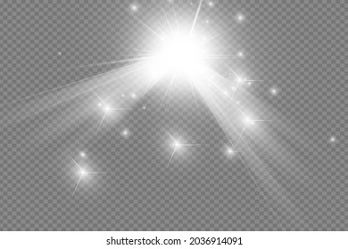 Juego de efecto luminoso transparente blanco aislado de brillo, lente inflamada, explosión, brillo, línea, flash solar, chispa y estrellas. Resumen de diseño de elementos de efecto especial. Rayo brillante con rayo	