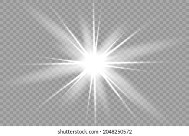Glow isolated white transparent light effect set, lens flare, explosion, glitter, line, sun flash, spark and stars. Abstract special effect element design. Shine ray with lightning
