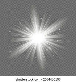 Glow isolated white transparent light effect set, lens flare, explosion, glitter, line, sun flash, spark and stars. Abstract special effect element design.