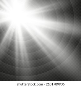 Glow isolated white transparent light effect set, lens flare, explosion, glitter, line, sun flash, spark and stars.