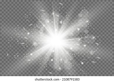 Glow isolated white transparent light effect set, lens flare, explosion, glitter, line, sun flash, spark and stars