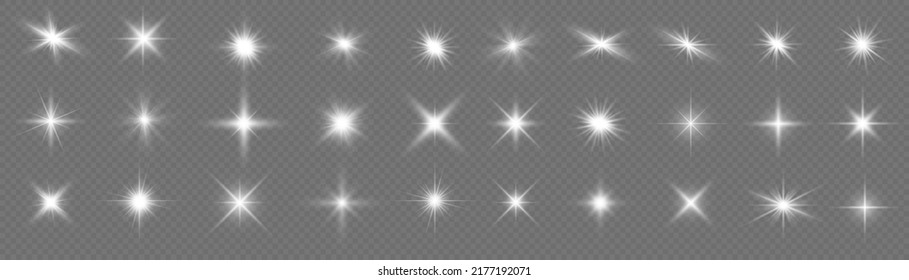 Glow isolated white transparent light effect set, lens flare, explosion, glitter, line, sun flash, spark and stars. Abstract special effect element design. Shine ray with lightning