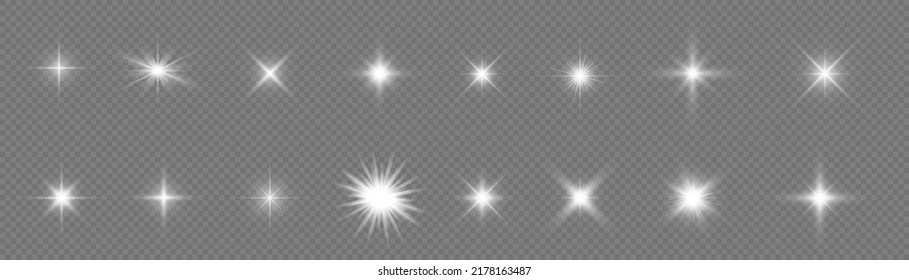 Glow isolated white transparent light effect set, lens flare, explosion, glitter, line, sun flash, spark and stars. Abstract special effect element design. Shine ray with lightning