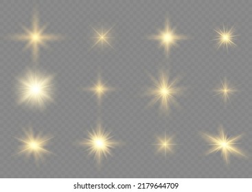 Glow isolated white transparent light effect set, lens flare, explosion, glitter, line, sun flash, spark and stars. Abstract special effect element design. Shine ray with lightning