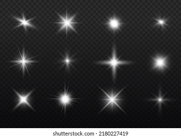 Glow isolated white transparent light effect set, lens flare, explosion, glitter, line, sun flash, spark and stars. Abstract special effect element design. Shine ray with lightning