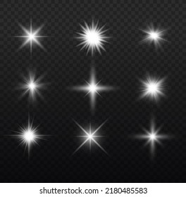 Glow isolated white transparent light effect set, lens flare, explosion, glitter, line, sun flash, spark and stars. Abstract special effect element design. Shine ray with lightning