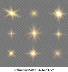 Glow isolated white transparent light effect set, lens flare, explosion, glitter, line, sun flash, spark and stars. Abstract special effect element design. Shine ray with lightning