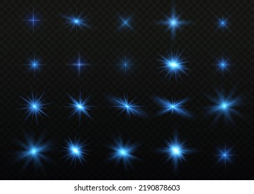 Glow isolated white transparent light effect set, lens flare, explosion, glitter, line, sun flash, spark and stars. Abstract special effect element design. Shine ray with lightning