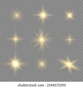 Glow isolated white transparent light effect set, lens flare, explosion, glitter, line, sun flash, spark and stars. Abstract special effect element design. Shine ray with lightning