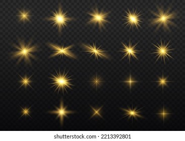 Glow isolated white transparent light effect set, lens flare, explosion, glitter, line, sun flash, spark and stars. Abstract special effect element design. Shine ray with lightning