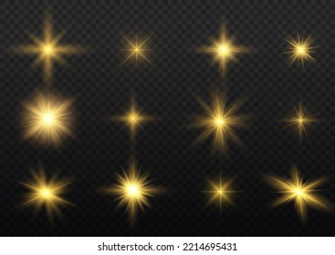 Lichtisolierter weißer transparenter Lichteffekt-Set, Objektivfackel, Explosion, Glitter, Linie, Sonnenblitz, Funken und Sterne. Abstraktes Design von Spezialeffekten. Rheinrochen mit Blitz