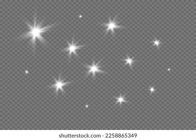 Juego de efecto luminoso transparente blanco aislado brillante, lente, línea, flash solar, chispa y estrellas. Resumen de diseño de elementos de efecto especial. Rayo brillante con iluminación, redondo brillante.