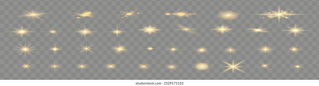 Glow isolated white transparent light effect set, lens flare, explosion, glitter, line, sun flash, spark and stars. Abstract special effect element design