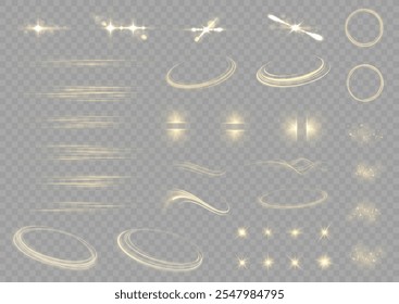 Glow isolated white transparent light effect set, lens flare, explosion, dust, line, sun flash, spark and stars, spotlight, curve twirl. Sunlight, abstract special effect. Light effect set.
