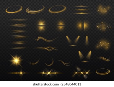 Glow isolated white transparent light effect set, lens flare, explosion, dust, line, sun flash, spark and stars, spotlight, curve twirl. Sunlight, abstract special effect. Light effect set.