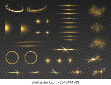 Resplandor aislado blanco transparente efecto de luz conjunto, destello de la lente, explosión, polvo, línea, flash del sol, chispa y estrellas, foco, curva giratoria. Luz del sol, efecto especial abstracto. Conjunto de efectos de luz.
