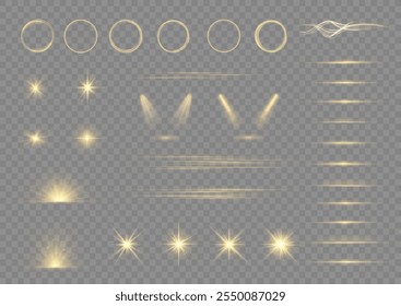 Glow isolated white transparent light effect set, lens flare, explosion, dust, line, sun flash, spark and stars, spotlight, curve twirl. Sunlight, abstract special effect. Light effect set.