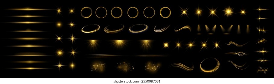 Glow isolated white transparent light effect set, lens flare, explosion, dust, line, sun flash, spark and stars, spotlight, curve twirl. Sunlight, abstract special effect. Light effect set.