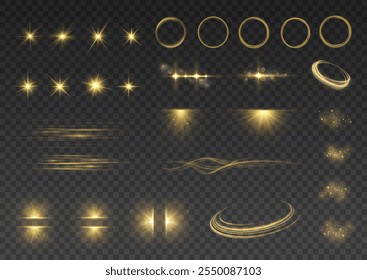 Glow isolated white transparent light effect set, lens flare, explosion, dust, line, sun flash, spark and stars, spotlight, curve twirl. Sunlight, abstract special effect. Light effect set.