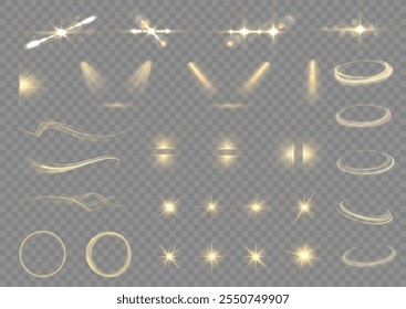 Resplandor aislado blanco transparente efecto de luz conjunto, destello de la lente, explosión, polvo, línea, flash del sol, chispa y estrellas, foco, curva giratoria. Luz del sol, efecto especial abstracto. Conjunto de efectos de luz.