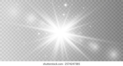 Glow isolated white transparent light effect set, lens flare, explosion, glitter, line, sun flash, spark and stars. Abstract special effect element design. Shine ray with lightning	