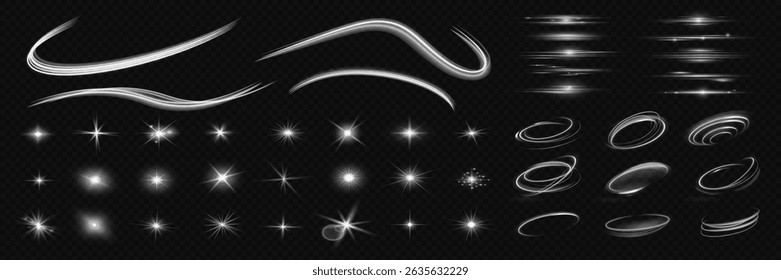 Glow isolated white transparent light effect set, glitter, line, sun flash, dust, stars, sunlight, spotlight, swirl, spiral, portal or tunnel, rings. Abstract special effect