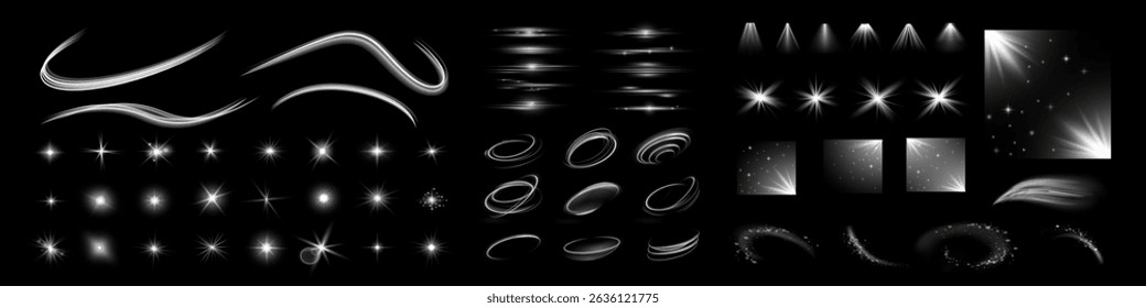 Resplandor aislado blanco transparente efecto de luz conjunto, brillo, línea, flash de sol, polvo, estrellas, luz del sol, foco, remolino, espiral, portal o túnel, anillos. Abstractas efecto especial