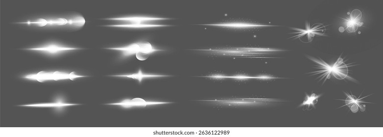 Glow isolated white transparent light effect set, glitter, line, sun flash, dust, stars, sunlight, spotlight, swirl, spiral, portal or tunnel, rings. Abstract special effect