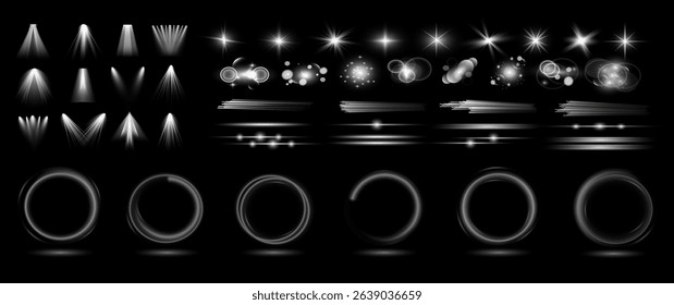 Glow isolated white transparent light effect set, glitter, line, sun flash, dust, stars, sunlight, spotlight, swirl, spiral, portal or tunnel, rings. Abstract special effect.