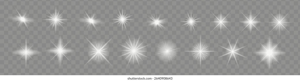 Glow isolated white transparent light effect set, lens flare, explosion, glitter, line, sun flash, spark and stars. Abstract special effect element design