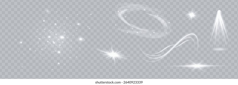 Glow isolated white transparent light effect set, glitter, line, sun flash, dust, stars, sunlight, spotlight, swirl, spiral, portal or tunnel, rings. Abstract special effect