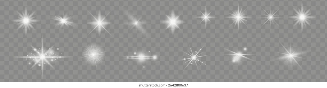 Glow isolated white transparent light effect set, lens flare, explosion, glitter, line, sun flash, spark and stars. Abstract special effect element design