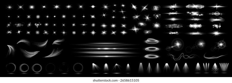 Glow isolated white transparent light effect set, glitter, line, sun flash, dust, stars, sunlight, spotlight, swirl, spiral, portal or tunnel, rings. Abstract special effect.