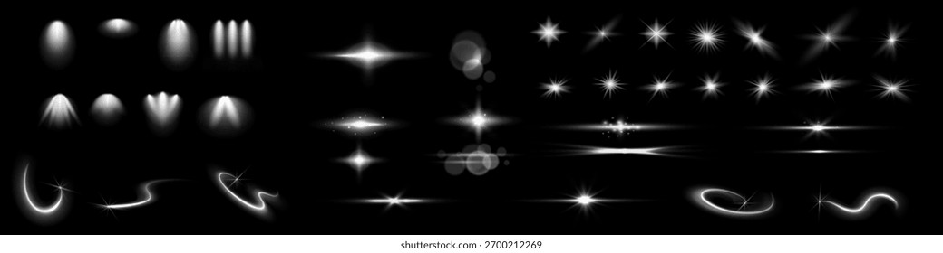 Resplandor aislado blanco transparente efecto de luz conjunto, destello de la lente, explosión, brillo, línea, flash del sol, chispa y estrellas. Abstractas diseño de elemento de efecto especial.