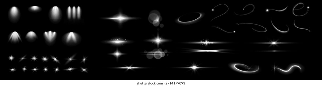 Resplandor aislado blanco transparente efecto de luz conjunto, destello de la lente, explosión, brillo, línea, flash del sol, chispa y estrellas. Abstractas diseño de elemento de efecto especial.