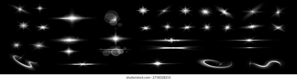Resplandor aislado blanco transparente efecto de luz conjunto, destello de la lente, explosión, brillo, línea, flash del sol, chispa y estrellas. Abstractas diseño de elemento de efecto especial.