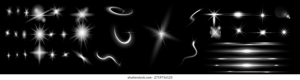 Resplandor aislado blanco transparente efecto de luz conjunto, destello de la lente, explosión, brillo, línea, flash del sol, chispa y estrellas. Abstractas diseño de elemento de efecto especial.