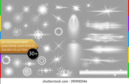 Glow Isolated White Transparent Light Effect Set, Lens Flare, Explosion, Glitter, Line, Sun Flash, Spark And Stars. Abstract Special Effect Element Design. Shine Ray With Lightning, Sparkling Round 