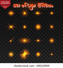 Glow isolated white transparent light effect set, lens flare, explosion, glitter, line, sun flash, spark and stars. Abstract special effect element design. Shine ray with lightning, sparkling round