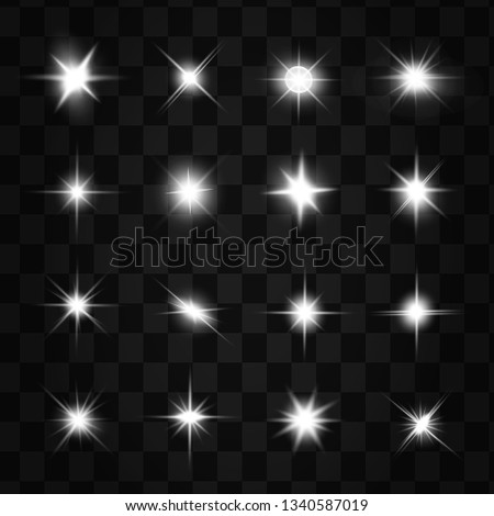 Glow isolated white transparent light effect set, lens flare, explosion, glitter, line, sun flash, spark and stars. Abstract special effect element design.