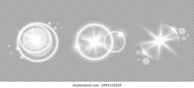 Glow isolated white transparent starlight effect set, lens flare, explosion, line, sun flash, glitter, spark and stars. Abstract special effect element design. Shine ray with lightning