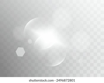 Glow isolated white transparent starlight effect set, lens flare, explosion, line, sun flash, glitter, spark and stars. Abstract special effect element design. Shine ray with lightning, sparkling roun