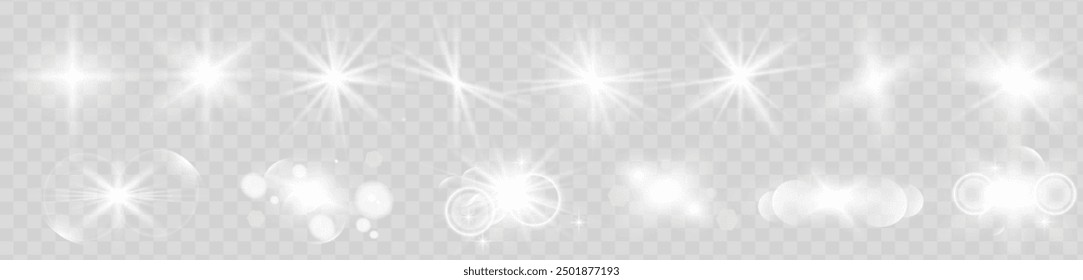 Resplandor aislado blanco transparente starlight efecto conjunto, destello de la lente, explosión, línea, flash del sol, brillo, chispa y estrellas. Abstractas diseño de elemento de efecto especial. Brillo de rayos con rayos