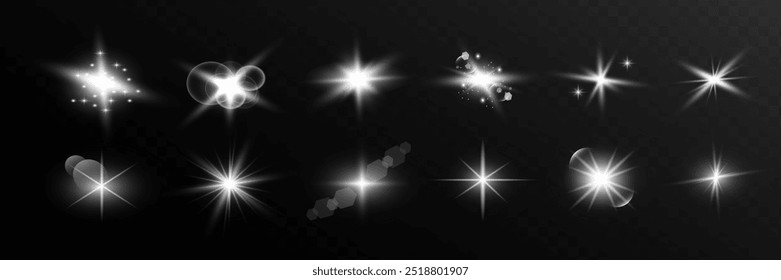 Glow isolated white transparent starlight effect set, lens flare, explosion, line, sun flash, glitter, spark and stars. Abstract special effect element design. Shine 