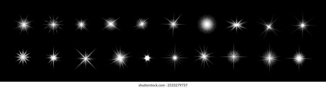 Glow isolated white transparent starlight effect set, lens flare, explosion, line, sun flash, glitter, spark and stars. Abstract special effect element design. Shine ray